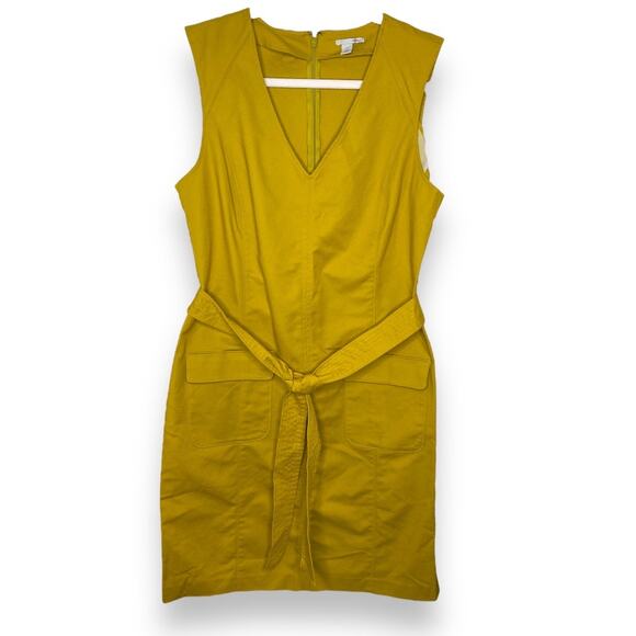 NWOT Halogen Chartreuse Mustard Yellow Sheath Belted with V-Neck Dress Size 12 - Picture 1 of 6